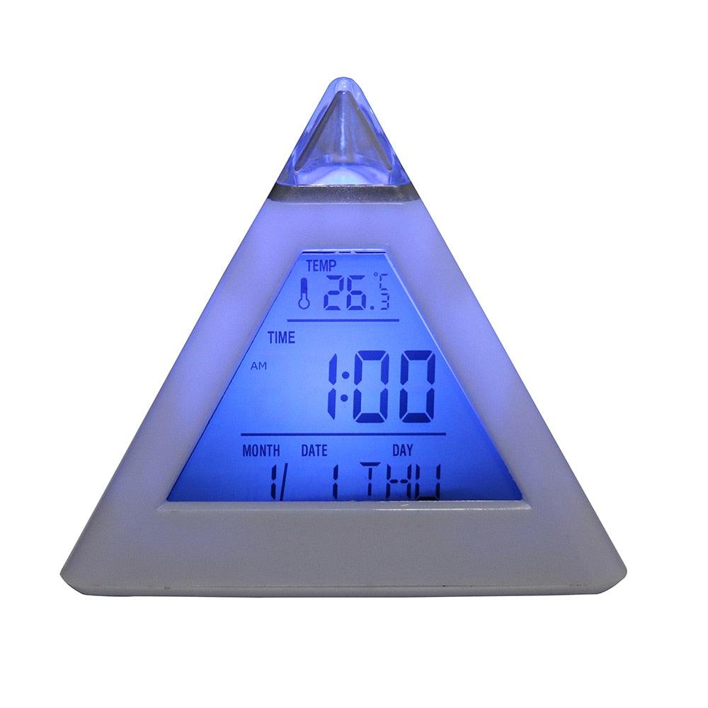 Triangle Pyramid Calendar Thermometer Colorful Backlight Change Clock Digital Alarm Clock Digital Alarm Thermometer Night Glowing Cube Clock LED Change LCD for Bedroom