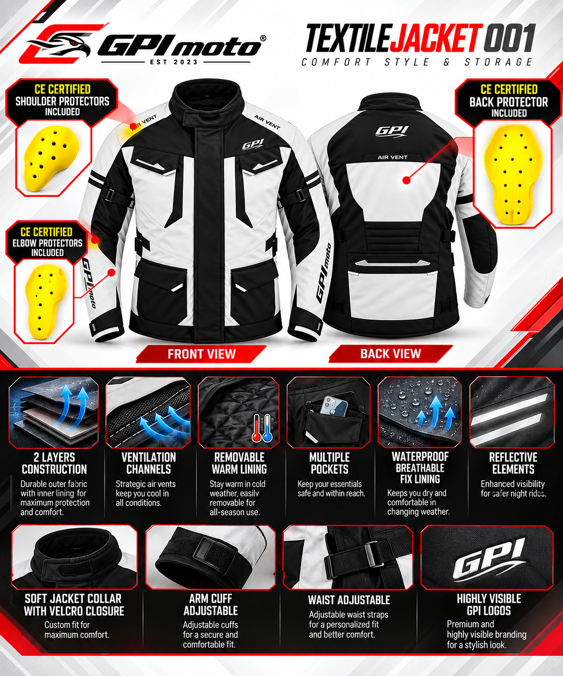 Men’s All-Season 7 Pockets Waterproof High Premium Quality Motorcycle Jacket – Beach/Black