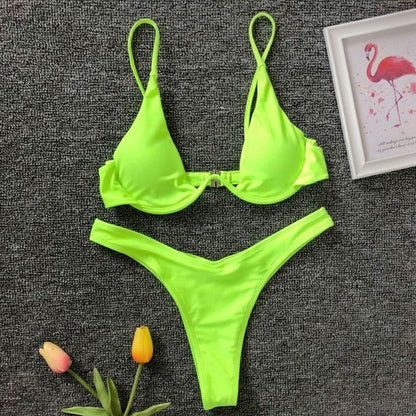 Underwired Bikini Female Swimsuit Women Swimwear Two-Piece V Shape Wire Bikini Set Bather Bathing Suit Women Micro Bikini Set Shiny Metallic 2 Piece Swimsuit Push Up Underwire Swimwear Bathing Suit
