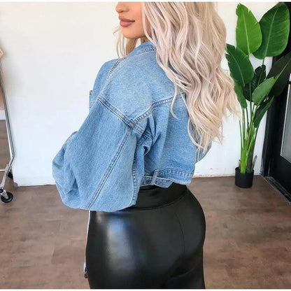 Unique Design Women's Denim Cropped Jacket Female Pockets Hole Short Jean Jackets Ladies Fashionable Button Casual Solid Coats