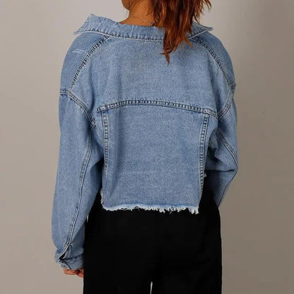 Unique Design Women's Denim Cropped Jacket Female Pockets Hole Short Jean Jackets Ladies Fashionable Button Casual Solid Coats