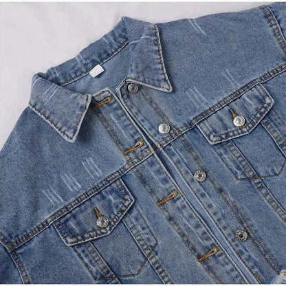 Unique Design Women's Denim Cropped Jacket Female Pockets Hole Short Jean Jackets Ladies Fashionable Button Casual Solid Coats
