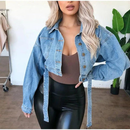 Unique Design Women's Denim Cropped Jacket Female Pockets Hole Short Jean Jackets Ladies Fashionable Button Casual Solid Coats