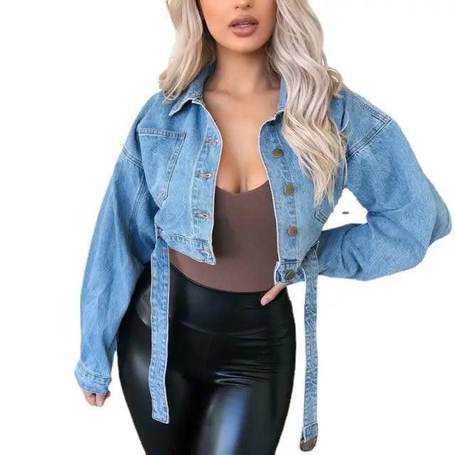 Unique Design Women's Denim Cropped Jacket Female Pockets Hole Short Jean Jackets Ladies Fashionable Button Casual Solid Coats