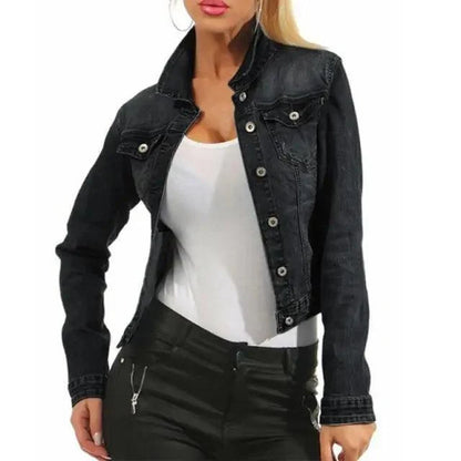 Unique Design Women's Denim Cropped Jacket Female Pockets Hole Short Jean Jackets Ladies Fashionable Button Casual Solid Coats