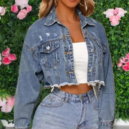 Unique Design Women's Denim Cropped Jacket Female Pockets Hole Short Jean Jackets Ladies Fashionable Button Casual Solid Coats
