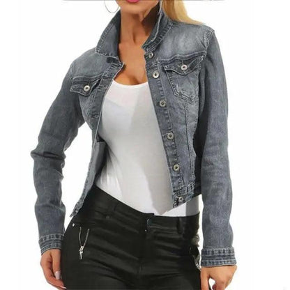 Unique Design Women's Denim Cropped Jacket Female Pockets Hole Short Jean Jackets Ladies Fashionable Button Casual Solid Coats