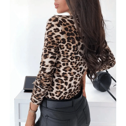 Unique Design Women's Snakeskin Leopard Print Blouse Ladies Casual Long Sleeve V-neck Button Down Bodycon Slim Fit Tops