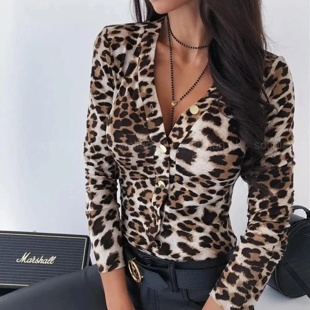 Unique Design Women's Snakeskin Leopard Print Blouse Ladies Casual Long Sleeve V-neck Button Down Bodycon Slim Fit Tops