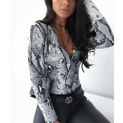 Unique Design Women's Snakeskin Leopard Print Blouse Ladies Casual Long Sleeve V-neck Button Down Bodycon Slim Fit Tops
