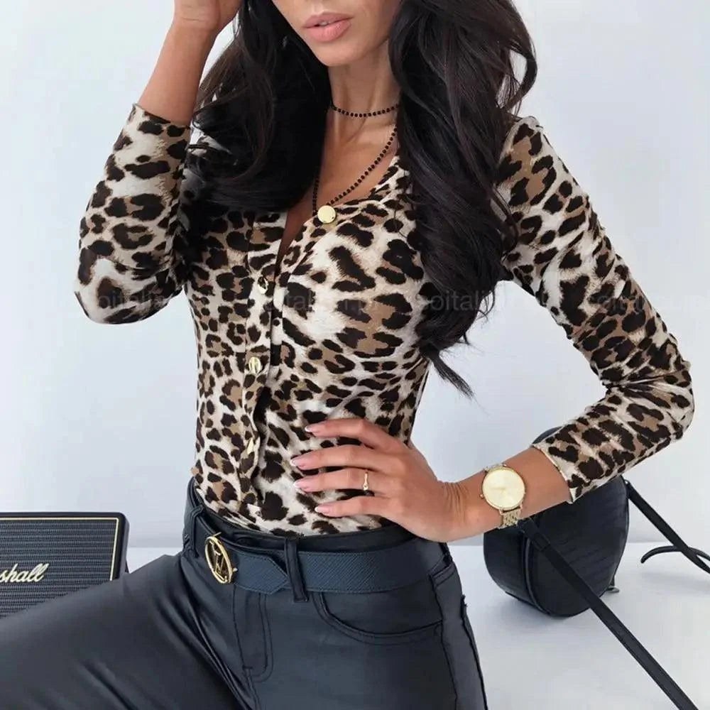 Unique Design Women's Snakeskin Leopard Print Blouse Ladies Casual Long Sleeve V-neck Button Down Bodycon Slim Fit Tops