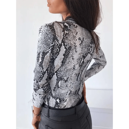 Unique Design Women's Snakeskin Leopard Print Blouse Ladies Casual Long Sleeve V-neck Button Down Bodycon Slim Fit Tops
