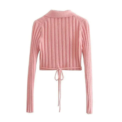 Unique Design Women's Sweater Solid Cross V-Neck Lace Up Bow Jumpers Long Sleeve Cardigan Female Spring Knitted Coat