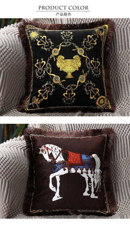 Unique Designed European American Luxury Printed Polyester Cushion Cover Horse printed Lumbar Cover Tassel Edge Modern Throw Pillow Covers Square Decorative Set Cushion Covers For Home Bed Couch Sofa Bench