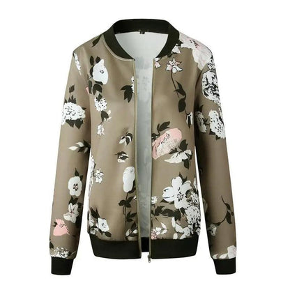 Unique Nature Design Women's jackets Floral Printed Ladies Zipper Up Bomber Outwear Spring Long Sleeve Short Thin Slim Casual Pocket Biker Coats