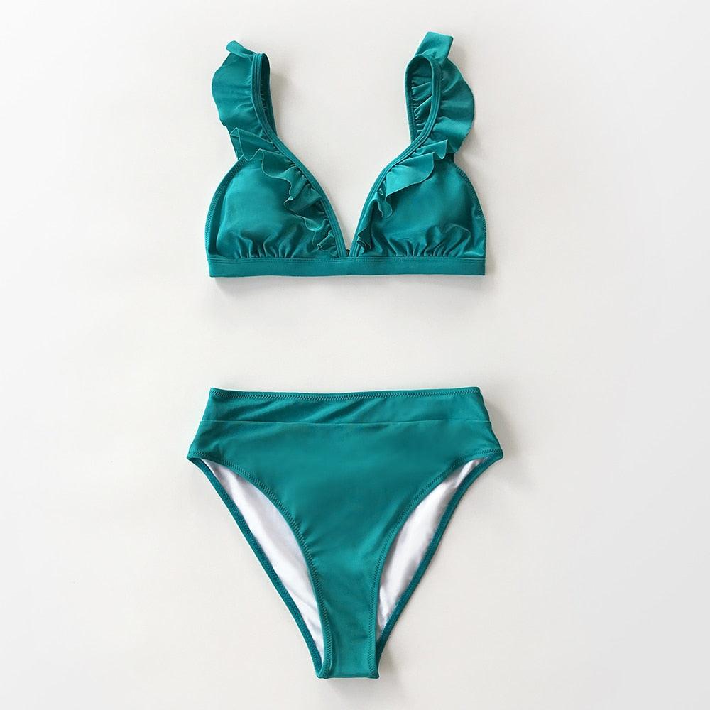 V-neck Ruffled High-waist Bikini Sets Swimsuit Womens Ruffle Flounce Triangle Bathing Suits Cute Two Piece Swimsuits Women Solid Brown Two Pieces Swimwear New Beach Bathing Suits
