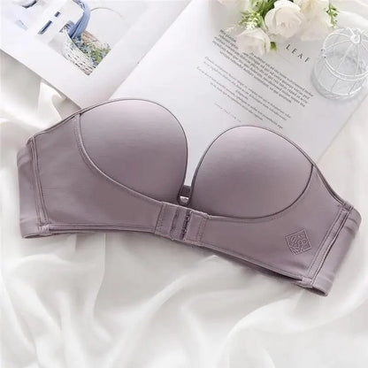 Vintage Style Front Closure Sexy Push Up Bra Women Invisible Bras Underwear Lingerie for Female Brassiere Strapless Seamless Bralette ABC Cup
