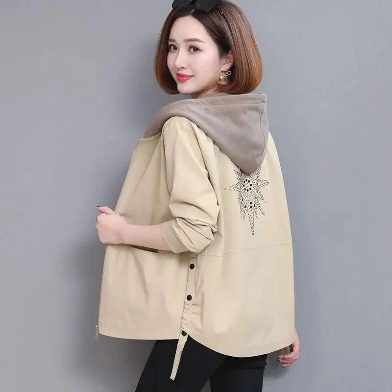 Vintage Style Women's Coat Hooded Jacket Long Sleeve Zipper Pockets Casual Windbreaker Basic Jackets Outerwear Plus Size 4XL E25