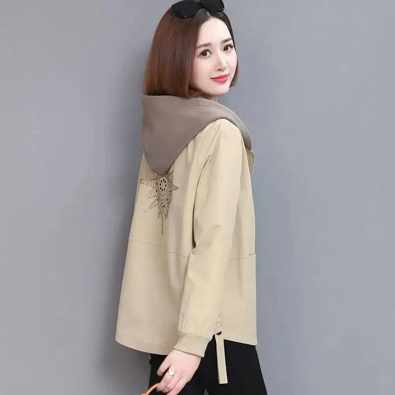 Vintage Style Women's Coat Hooded Jacket Long Sleeve Zipper Pockets Casual Windbreaker Basic Jackets Outerwear Plus Size 4XL E25