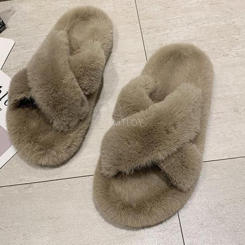 Warm Fluffy Fur Slippers Shoes Women Flip Flop Flat Furry Slides Outdoor Sandals Woman Open Toe Slippers Plush Cross Band Fleece Comfy Memory Foam House Indoor Winter Shoes
