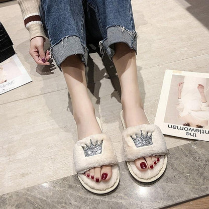 Warm Fluffy Slippers Women Faux Fur Slipper Indoor Floor Slides Flat Soft Furry House Warm Comfortable Fuzzy Furry Bedroom Slippers Indoor Cozy Memory Foam Anti-Slip Flip Flops