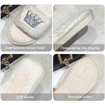 Warm Fluffy Slippers Women Faux Fur Slipper Indoor Floor Slides Flat Soft Furry House Warm Comfortable Fuzzy Furry Bedroom Slippers Indoor Cozy Memory Foam Anti-Slip Flip Flops