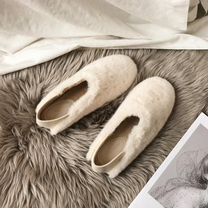 Warm Fur Loafers Women Winter Shoes Indoor Furry Flats Round Toe Fluffy House Warm Wool Slippers Memory Foam Anti-Skid Sole House Shoes Indoor Outdoor Slippers