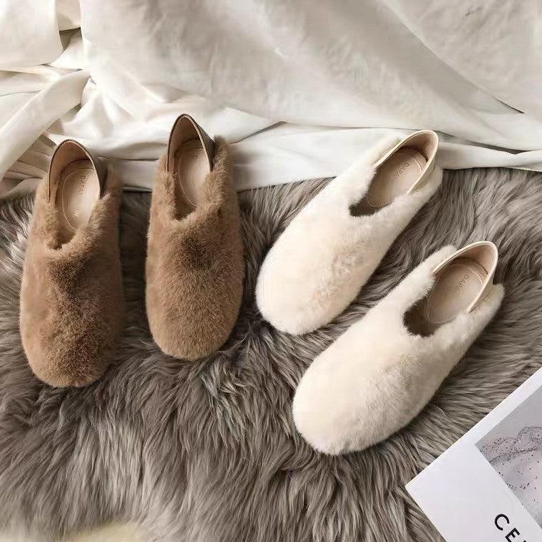 Warm Fur Loafers Women Winter Shoes Indoor Furry Flats Round Toe Fluffy House Warm Wool Slippers Memory Foam Anti-Skid Sole House Shoes Indoor Outdoor Slippers