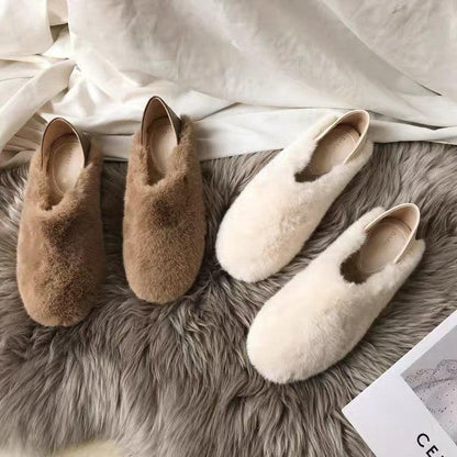 Warm Fur Loafers Women Winter Shoes Indoor Furry Flats Round Toe Fluffy House Warm Wool Slippers Memory Foam Anti-Skid Sole House Shoes Indoor Outdoor Slippers
