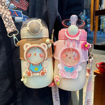 Water Bottle For Children 700ML Cute Stickers With Straw Temperature Kawaii Plastic Cup Portable Student School Bottle Girl Boy Water Bottles with Straw and Strap Cute Water Bottles Cartoon Animal Plastic Drinking Bottle Leakproof Water Bottle
