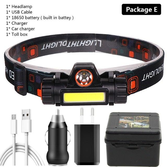 Waterproof 2 Light Mode USB LED Headlight With Magnet Rechargeable Headlamp Built-in 18650 Battery Flashlight  COB Work Light For Outdoor Camping Cycling Fishing Headlamp Flashlight