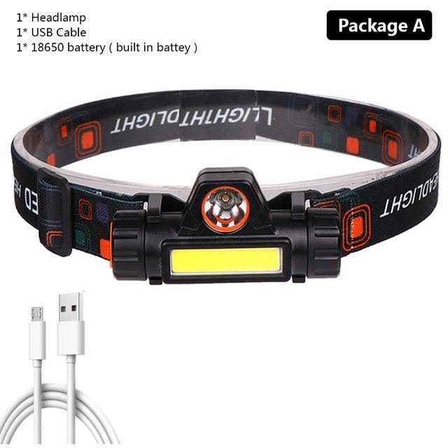 Waterproof 2 Light Mode USB LED Headlight With Magnet Rechargeable Headlamp Built-in 18650 Battery Flashlight  COB Work Light For Outdoor Camping Cycling Fishing Headlamp Flashlight