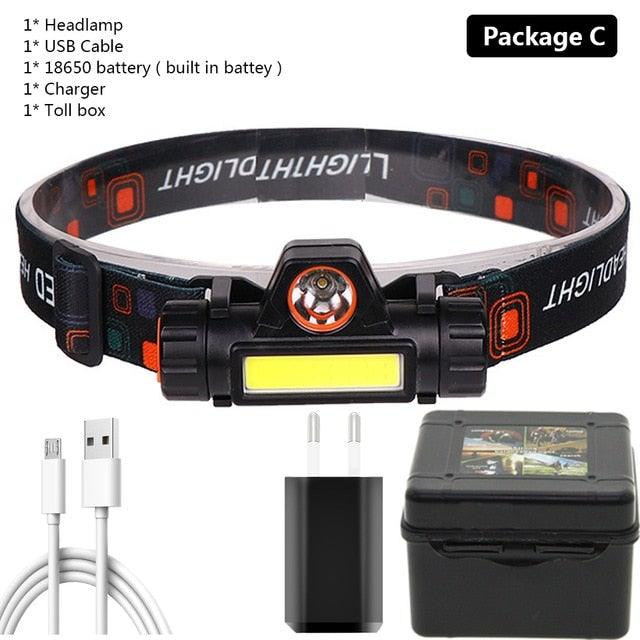 Waterproof 2 Light Mode USB LED Headlight With Magnet Rechargeable Headlamp Built-in 18650 Battery Flashlight  COB Work Light For Outdoor Camping Cycling Fishing Headlamp Flashlight