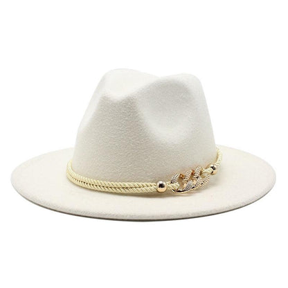 White Elegant Wide Brim Simple Hat Summer Women Lady Retro Wide Brim Hat Charming Fedora Hat Solid Color Fedoras Hat With Chain Men Women Cotton Comfortable Jazz Cap 56-58cm