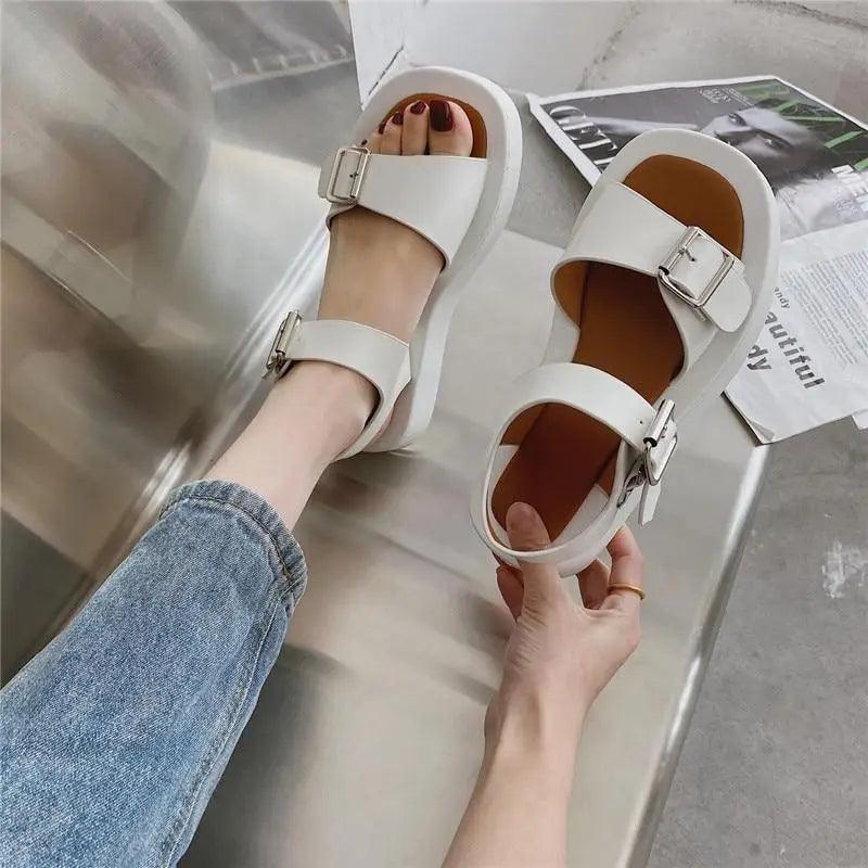 White Womans Sandals Flat Round Sandals Elegant Modern Buckle Strap Comfort Design