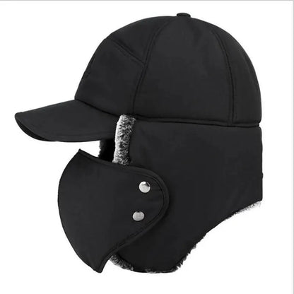 Winter Thermal Black Hat Fashion Ear Protection Face Windproof Adjustable Ski Cap Thicken Outdoor Hat