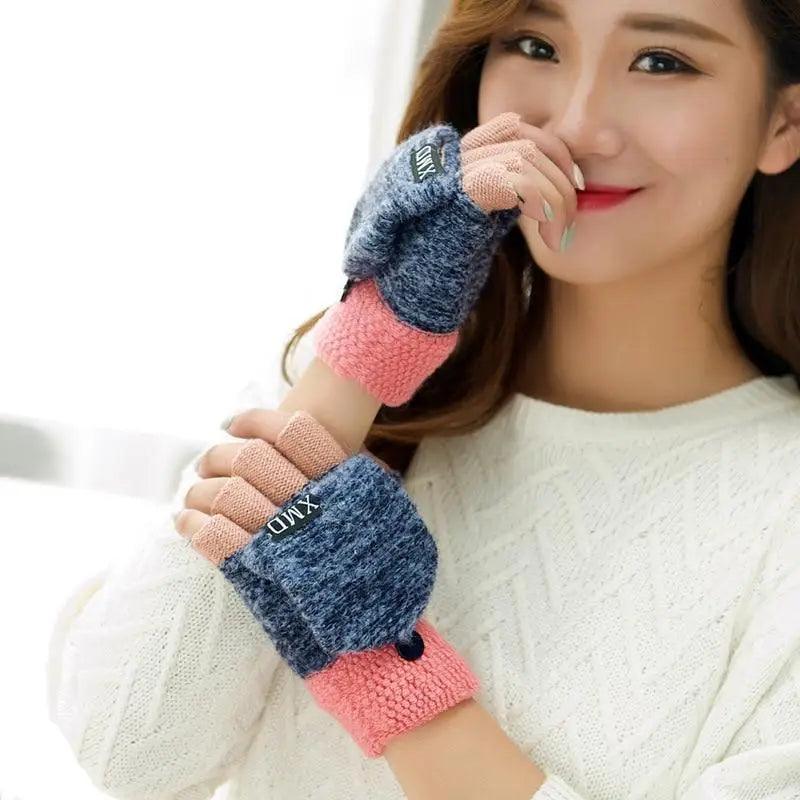 Winter Warm Thickening Wool Gloves Knitted Flip Fingerless Exposed Finger Thick Gloves Mittens Soft Cold Weather Women Gloves
