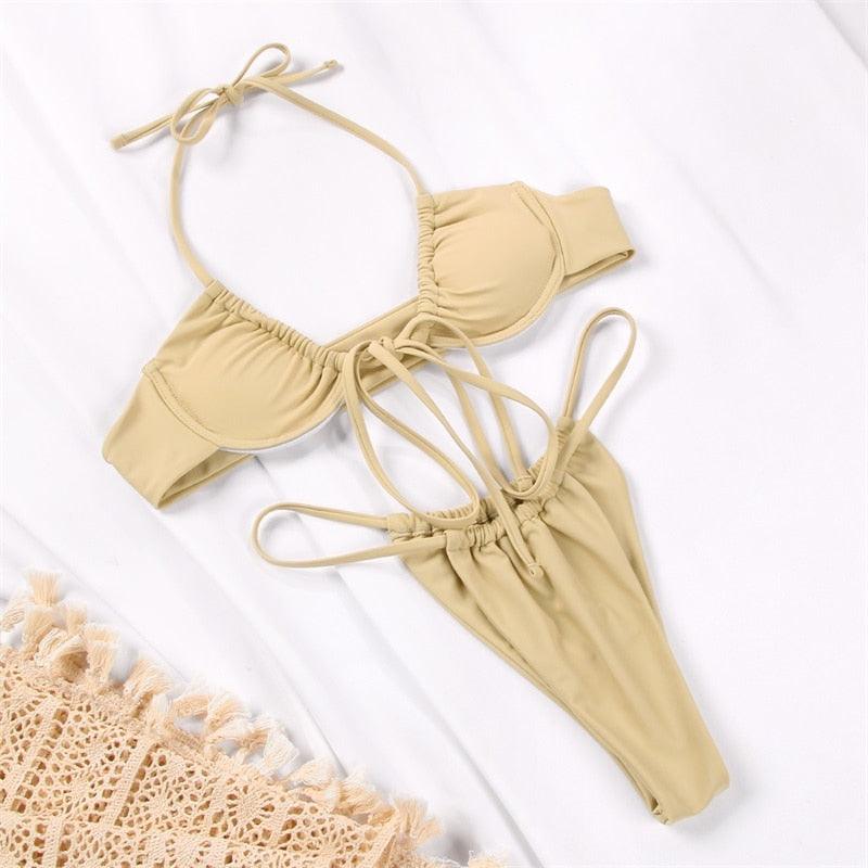 Women Bikini Set Solid Color Swimsuit Women Two Piece Swimsuit Swimwear Halter String Triangle Bikini Sets Women Hollow Out Bikinis String Swimwear Women Adjustable Bathing Suit