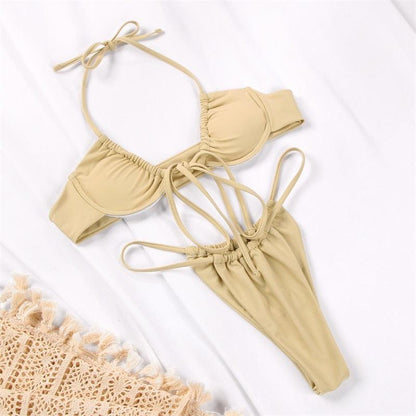 Women Bikini Set Solid Color Swimsuit Women Two Piece Swimsuit Swimwear Halter String Triangle Bikini Sets Women Hollow Out Bikinis String Swimwear Women Adjustable Bathing Suit