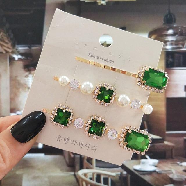 Women Hair Clips Set Jewelry Fashion Green Crystal Hair Accessories Luxury Simulation Pearl Barrette Pin For Girl Gift Ornaments Fashion Hairgrips Accessories For Party