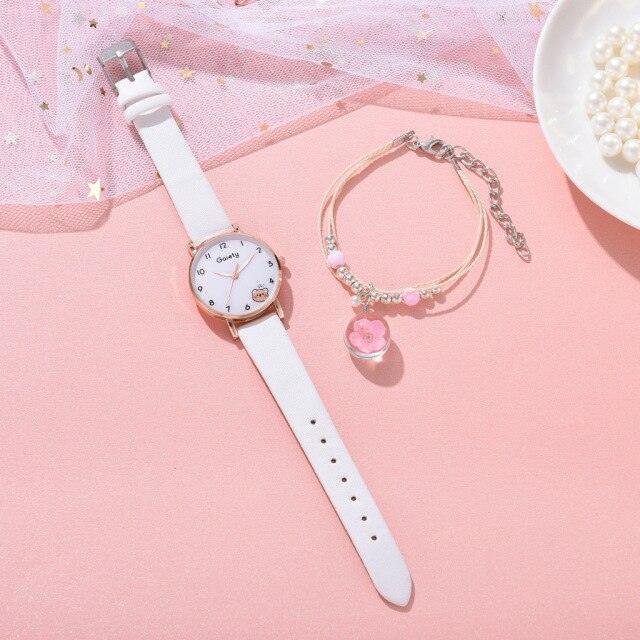 Women New Color Bear Fashion Student Quartz Watch Bracelet Combination Set Kids Girl Wrist Watch Bracelet Leather Rhinestone Luxury Design Simple Dress Women's Watches