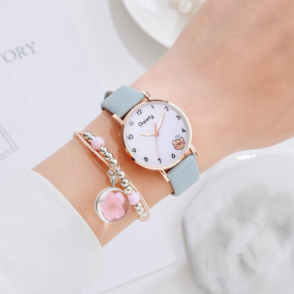 Women New Color Bear Fashion Student Quartz Watch Bracelet Combination Set Kids Girl Wrist Watch Bracelet Leather Rhinestone Luxury Design Simple Dress Women's Watches