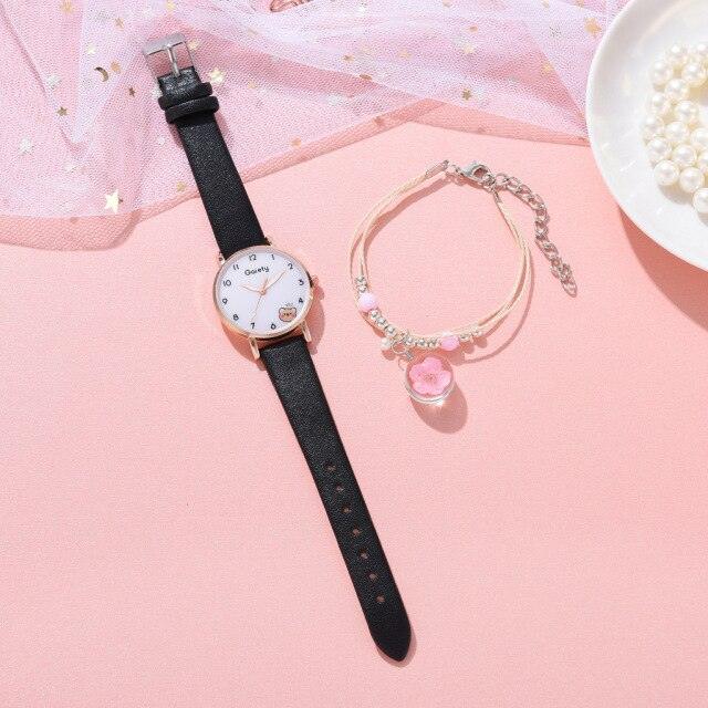 Women New Color Bear Fashion Student Quartz Watch Bracelet Combination Set Kids Girl Wrist Watch Bracelet Leather Rhinestone Luxury Design Simple Dress Women's Watches