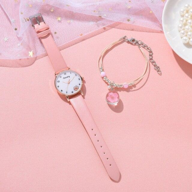 Women New Color Bear Fashion Student Quartz Watch Bracelet Combination Set Kids Girl Wrist Watch Bracelet Leather Rhinestone Luxury Design Simple Dress Women's Watches