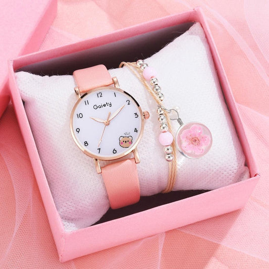 Women New Color Bear Fashion Student Quartz Watch Bracelet Combination Set Kids Girl Wrist Watch Bracelet Leather Rhinestone Luxury Design Simple Dress Women's Watches