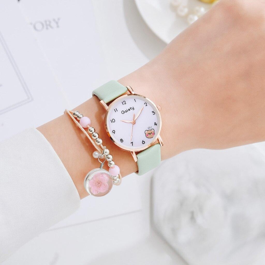 Women New Color Bear Fashion Student Quartz Watch Bracelet Combination Set Kids Girl Wrist Watch Bracelet Leather Rhinestone Luxury Design Simple Dress Women's Watches