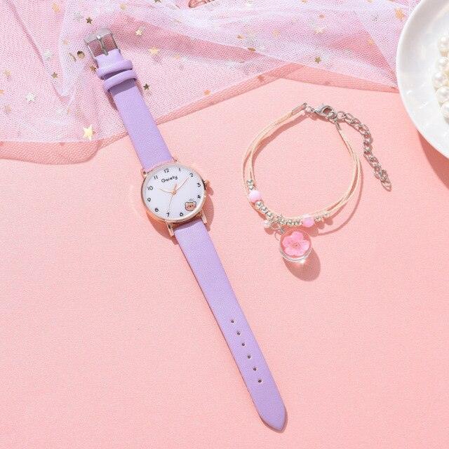 Women New Color Bear Fashion Student Quartz Watch Bracelet Combination Set Kids Girl Wrist Watch Bracelet Leather Rhinestone Luxury Design Simple Dress Women's Watches