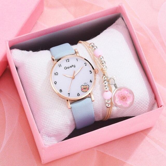 Women New Color Bear Fashion Student Quartz Watch Bracelet Combination Set Kids Girl Wrist Watch Bracelet Leather Rhinestone Luxury Design Simple Dress Women's Watches