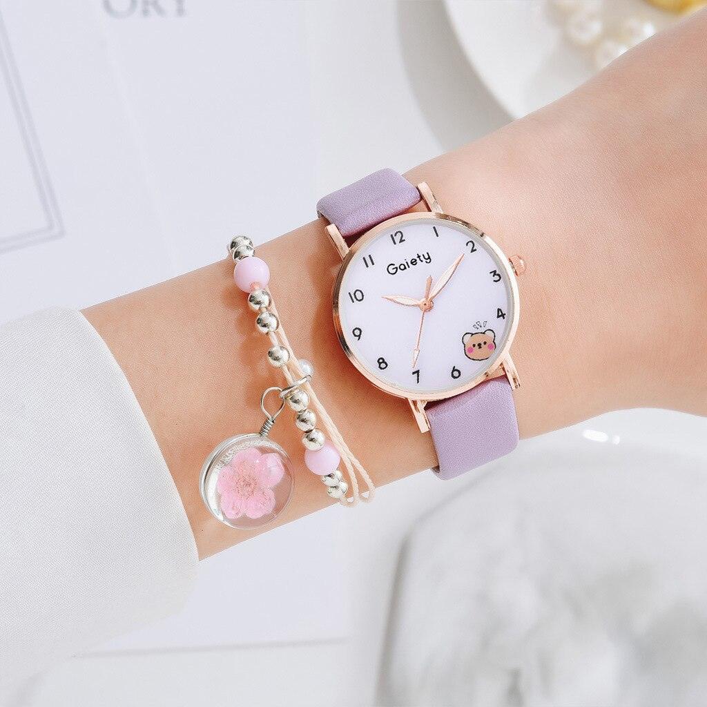 Women New Color Bear Fashion Student Quartz Watch Bracelet Combination Set Kids Girl Wrist Watch Bracelet Leather Rhinestone Luxury Design Simple Dress Women's Watches