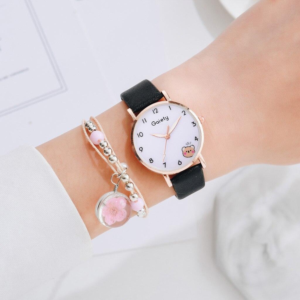 Women New Color Bear Fashion Student Quartz Watch Bracelet Combination Set Kids Girl Wrist Watch Bracelet Leather Rhinestone Luxury Design Simple Dress Women's Watches